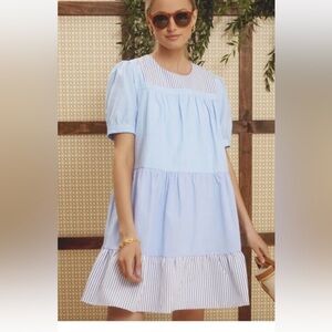 Tuckernuck English Factory Quinn Dress Tiered Blue Striped XS Extra Small